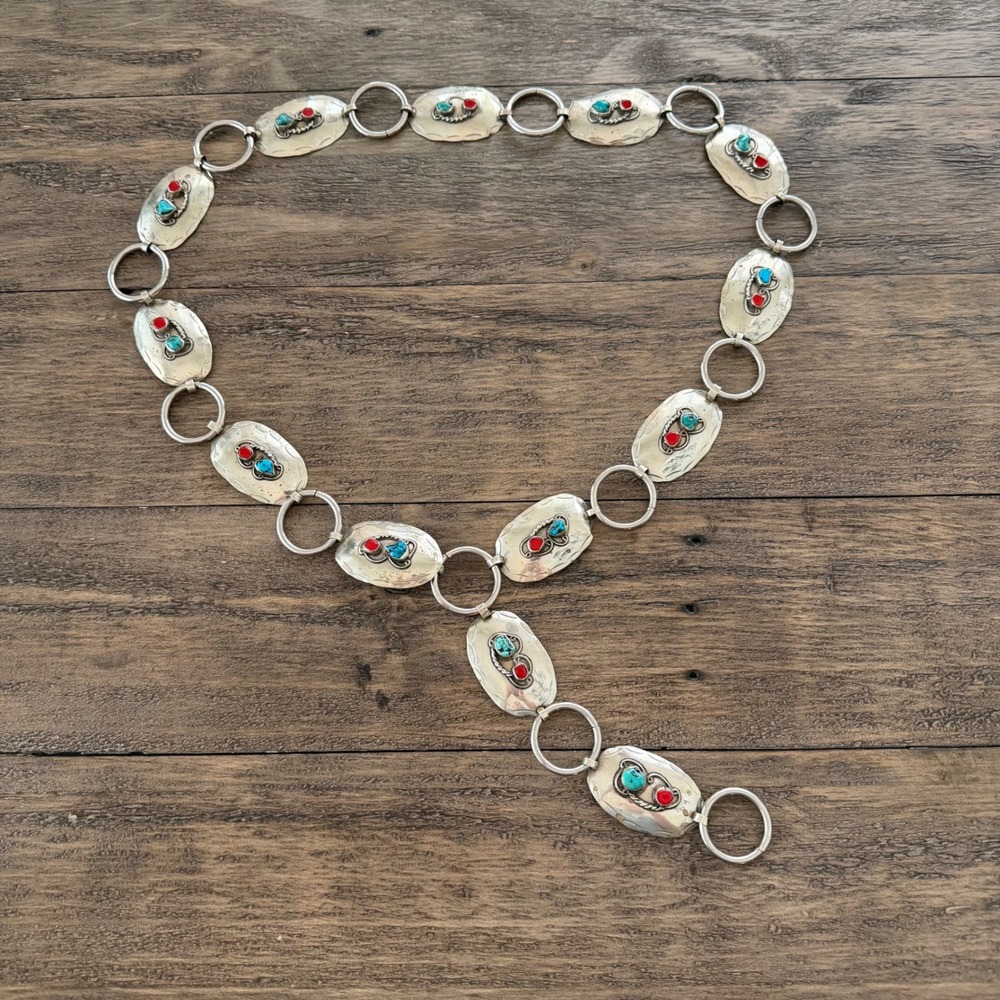 Vintage Sterling Silver Turquoise Coral Concho Link Belt 42" Western Native - Picture 5 of 10